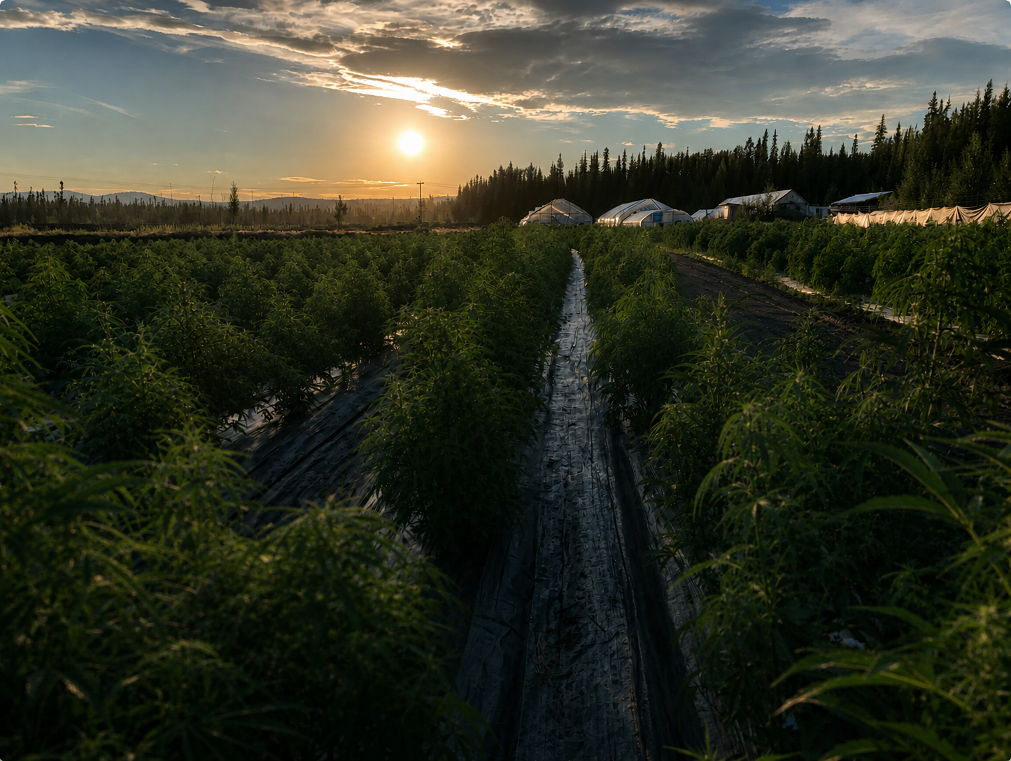 Sunset over rows of outdoor cannabis and greenhouses at Rosie Creek Farm